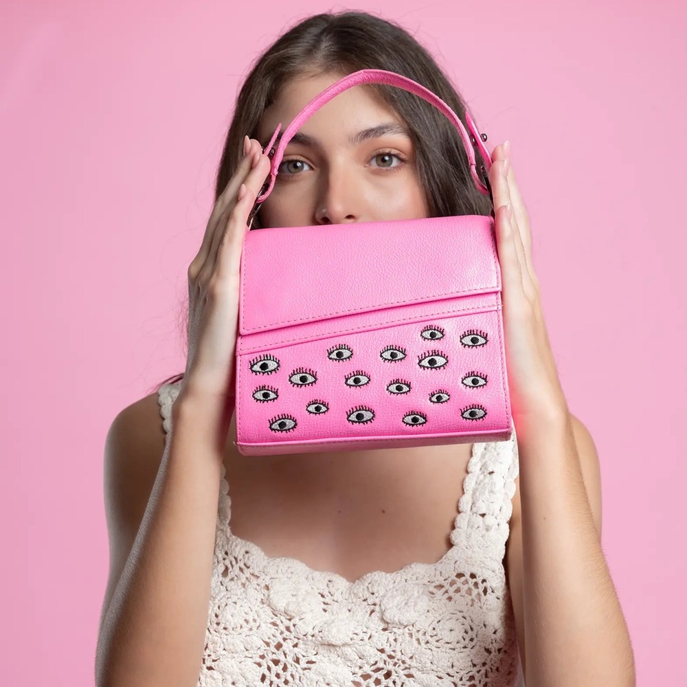 Anastasio Micro Crossbody Handbag Bubblegum Pink Leather - Eyes Embroidery - Picture 9 of 11